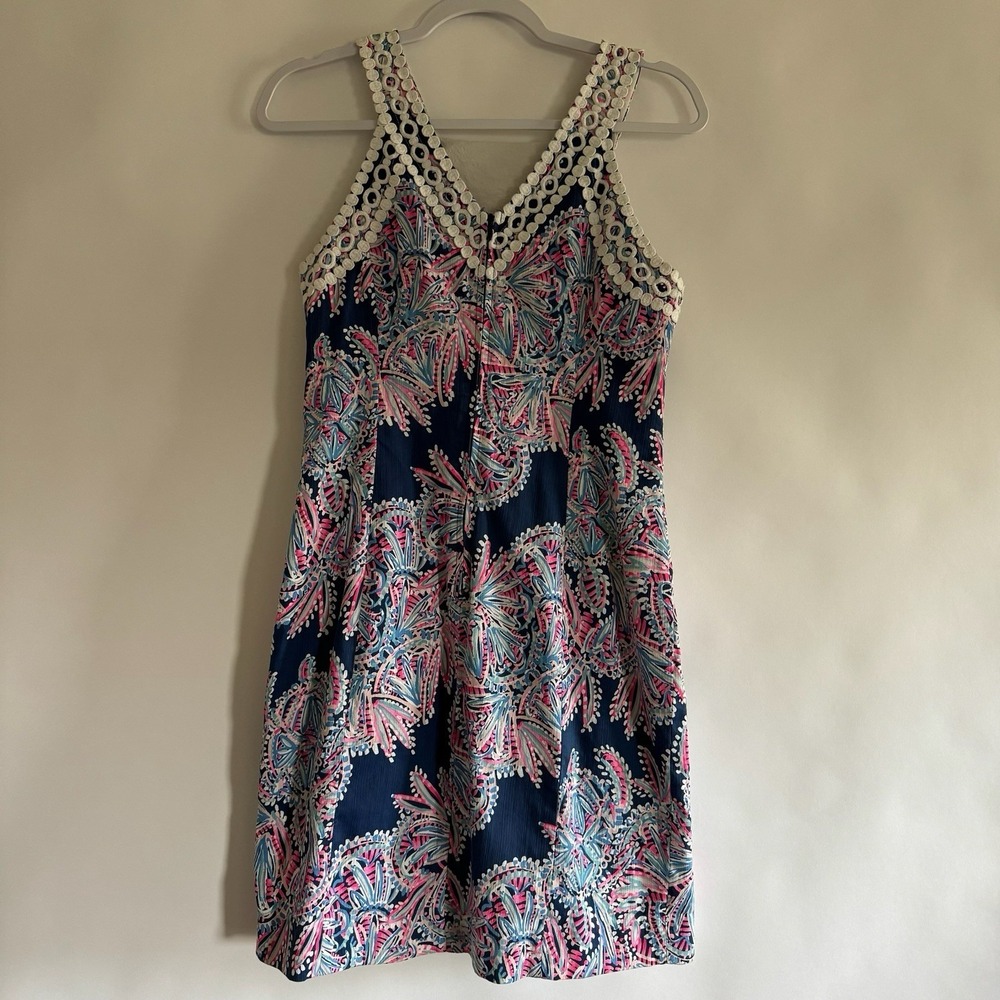 Lilly Pulitzer Makayla Stretch Shift Dress 6 Oyster Bay Blue Miss Shell Crochet - Picture 6 of 15